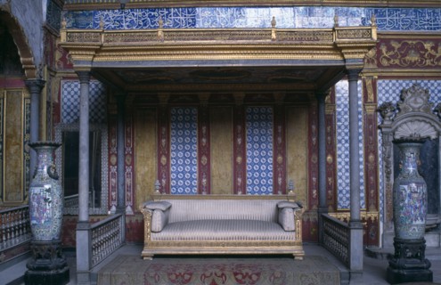 TURKEY, Istanbul, Topkapi Palace Imperial Hall sofa under canopy