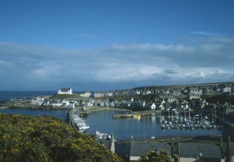 SCOTLAND, Moray, Findochty, Fishing village on north coast with pleasure boats moored within
