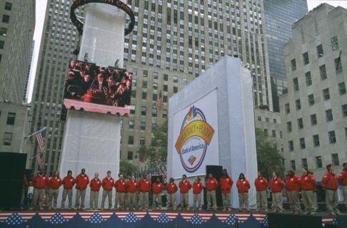 USA, New York, Manhattan, "Rockefeller Centre ‘Democracy Plaza’ during 2004 elections, billed as a