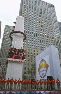 USA, New York, Manhattan, "Rockefeller Centre ‘Democracy Plaza’ during 2004 elections, billed as a
