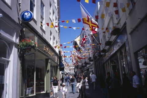 UNITED KINGDOM, "Channel Islands						", Guernsey, "St Peter Port. View up narrow cobbled High