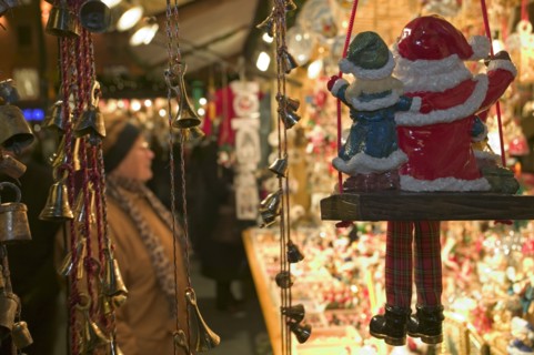 GERMANY, Bavaria, Munich, Stall selling Christmas decorations at the Christmas Market.