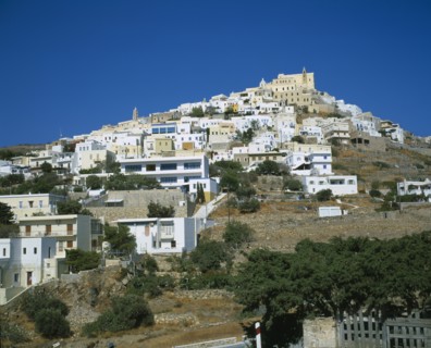 GREECE, Cyclades Islands, Syros, Ermoupolis. The Catholic quater of Ano Syros and church of Ag.