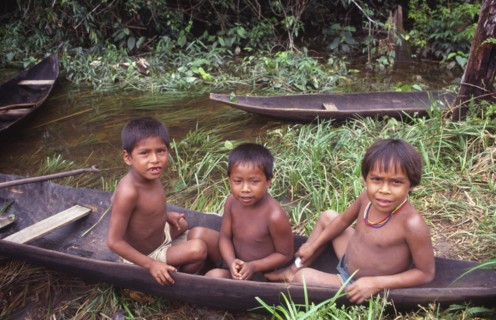 COLOMBIA, Vaupes, Three tukano Indian boys sat in canoe and empty canoe behind them.