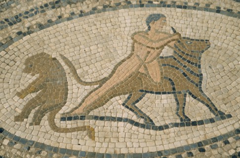 MOROCCO, Volubilis, Detail of mosaic depicting man wrestling bull.