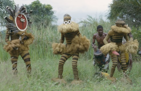 CONGO, Tribal Peoples, Bapende tribe animal masqueraders performing dance at initiation rites.
