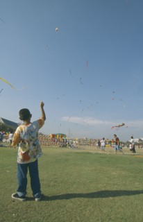 THAILAND, Bangkok, "Kite festival at Sanam Luang, February. Boy flying one in foreground, many