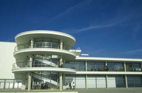 ENGLAND, East Sussex, Bexhill on Sea, De La Warr Pavilion. Exterior view of staircase and terraces.