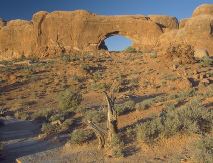 USA, Utah, Arches National Park, The Windows.The North Window in late evening light