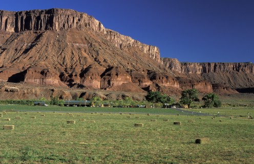 USA, Utah, Colorado River, Irrigated ranch by the Colorado River adds green to this otherwise arid