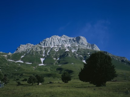 ITALY, Abruzzo, Corno Grande, View of the mountain from the Village of Pietracamela.