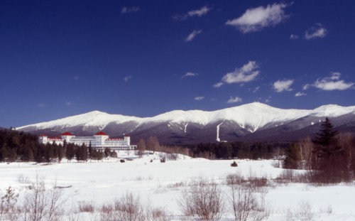 USA, New Hampshire, Bretton Woods, "Mount Washington Hotel, large white building with red roof,