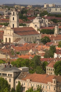 LITHUANIA, Vilnius, View over red rooftops of the Old Town from Gediminas Hill.