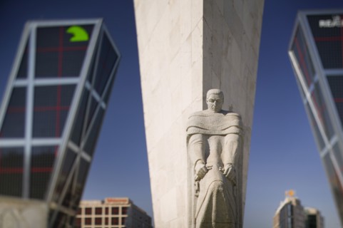 SPAIN, Madrid, Detail of Espana A Calvo Sotelo statue in front of the Torres de Europa in Plaza de