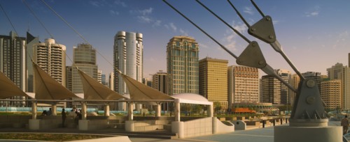 UAE, Abu Dhabi, City centre skyline along the Corniche.