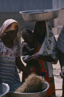 SUDAN, Work, Nigerian woman winnowing grain beside woman carrying child in her arms and large dish