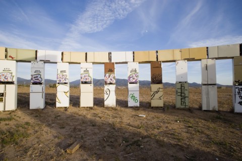 USA, New Mexico, Santa Fe, Stonefridge a life sized replica of Stonehenge made out of recycled