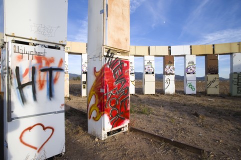 USA, New Mexico, Santa Fe, Stonefridge a life sized replica of Stonehenge made out of recycled