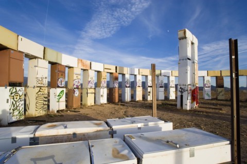 USA, New Mexico, Santa Fe, Stonefridge a life sized replica of Stonehenge made out of recycled