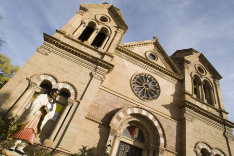 USA, New Mexico, Santa Fe, The Cathedral of St Francis with a statue of the native American Blessed