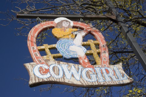 USA, New Mexico, Santa Fe, The Cowgirl Cafe sign