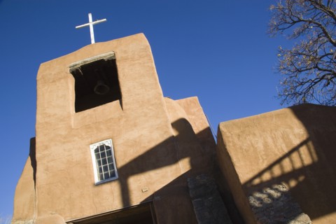 USA, New Mexico, Santa Fe, The San Miguel Mission church built in the adobe style