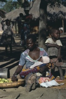 ZAMBIA, Ukwimi Settlement, Mozambique refugee woman and children with basket of fruit.