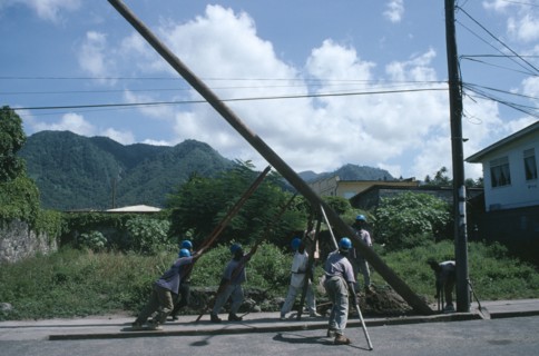 ST LUCIA, People, Workers raising new telegraph pole.