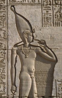 EGYPT, Nile Valley, Dendara, Temple of Hathor.  Detail of relief carving of the divine infant Ihy