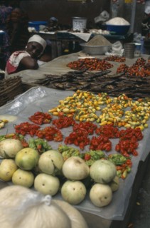 IVORY COAST, Abidjan, Display of vegetables and fish for sale in the covered market with female