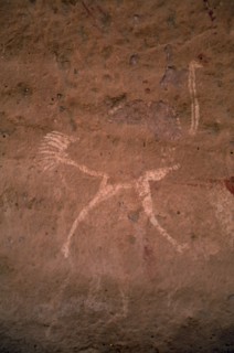 LIBYA, Wadi Auis, Detail of prehistoric rock art depicting ostrich.