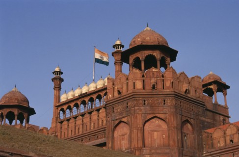 INDIA, Delhi, The Red Fort.  Part view of exterior showing the Naubat Khana or Drum House where