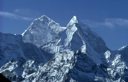 NEPAL, Himalayas, Mount Everest, Snow covered mountain landscape and peak of Mount Everest.