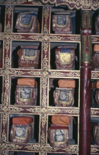 INDIA, Ladakh, Hemis Gompa, Detail of library of texts and scriptures in Buddhist monastery.
