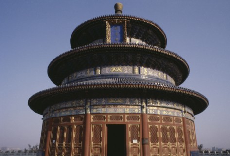 CHINA, Beijing, Exterior of the Hall of Prayer for Good Harvests in the Temple of Heaven complex.