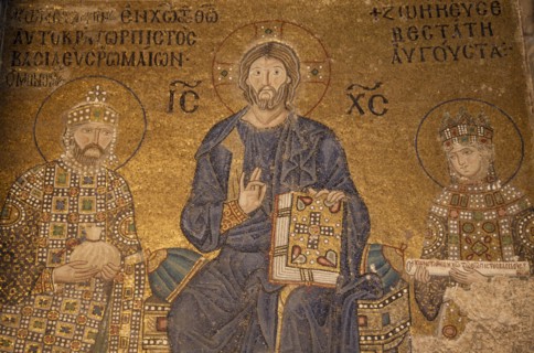 TURKEY, Istanbul, Detail of mosaic painting in Aya Sofya depicting Christ with Emperor Constantine