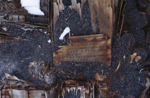 ANTARCTICA, Cape Evans, Detail of Scotts hut exterior with a list of fruit written on a broken