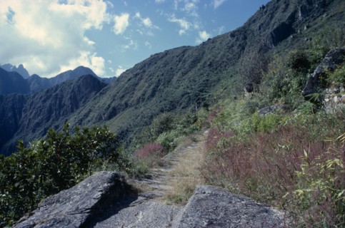 PERU, Machu Picchu, View of the start of the Inca road leading to Cusco