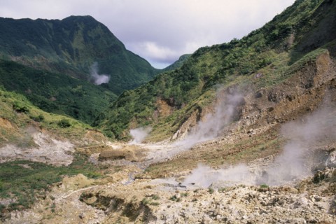 DOMINICA, Trois Pitons Nat. Park, Valley of Desolation, Landscape with steam rising from geysers on