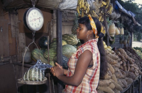 DOMINICAN REPUBLIC, Produce, Young woman weighing bag of produce at roadside fruit and vegetable