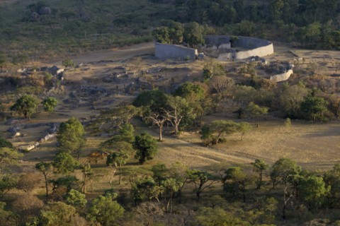 ZIMBABWE, Great Zimbabwe Ruins, "Elevated view over ruins of ancient stone city, thought to be 12th