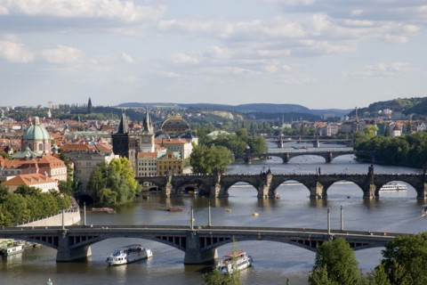CZECH REPUBLIC, Bohemia, Prague, The city skyline with the bridges across the Vtlava River and