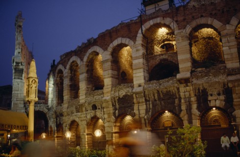 ITALY, Veneto, Verona, Teatro Romano.  Exterior facade of ruined theatre built in the 1st century