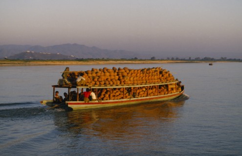 MYANMAR, Transport, Boat full of clay pots on the Irrawaddy River between Mandalay and Mingun.