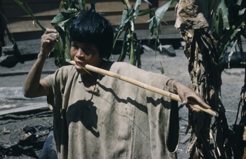 COLOMBIA, Sierra de Perija, Yuko - Motilon , Woman playing a musical bow.  The Yuko-Motilon are