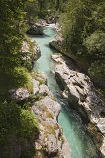 SLOVENIA , Trenta Valley, Soca River, "Viewed from Felika Korita Soce a narrow wooden suspension