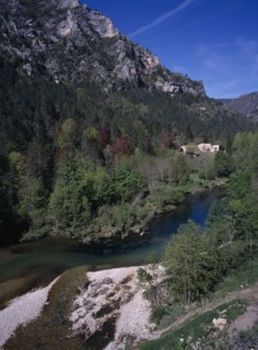 FRANCE, Midi Pyrenees, Tarn Gorge, "View along the gorge to the restored Hamlet, small village,
