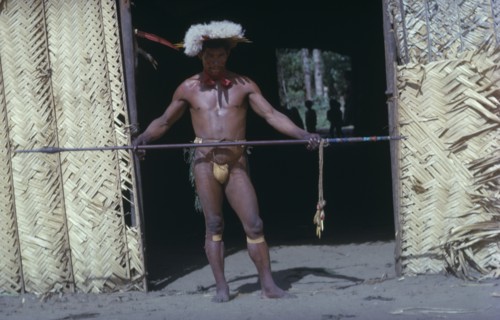 COLOMBIA, Vaupes Region, Tukano Tribe, "Shaman in full festive regalia – feather head-dress, red