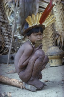 COLOMBIA, Vaupes Region, Tukano Tribe, "Young boy with “we” dark purple leaf dye and a crown of
