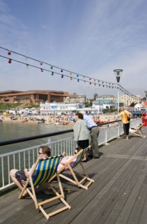 ENGLAND, Dorset, Bournemouth, The West Beach from The Pier with the BICC Bournemouth International
